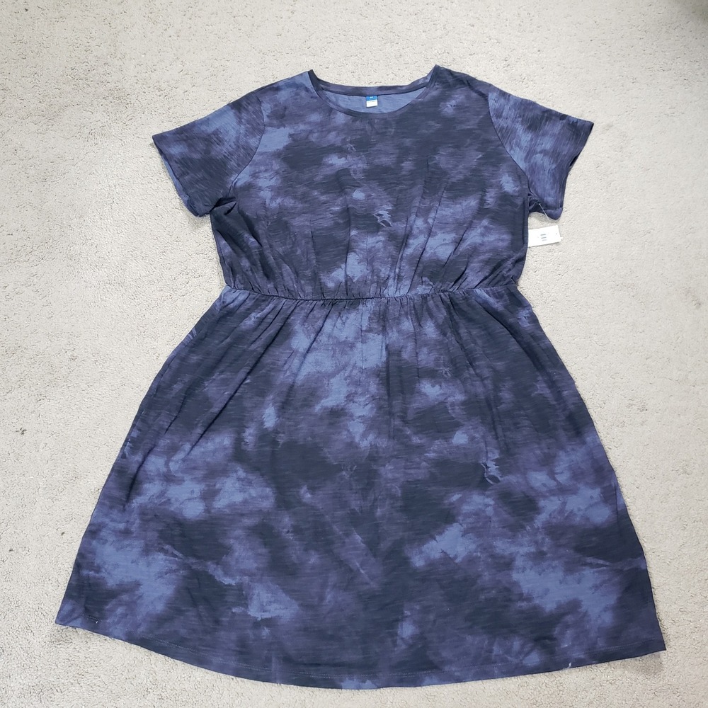 Old Navy Womens 2X Blue Tie Dye Short Sleeve Waist Mini T-Shirt Dress NEW Vamp - Picture 1 of 12